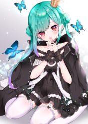 Rule 34 | 1girl, artist request, black choker, black dress, blush, bug, butterfly, choker, coat, crown, double bun, dress, earrings, frilled dress, frilled straps, frilled thighhighs, frills, garter straps, green hair, hair bun, highres, hololive, insect, jewelry, lace, lace choker, medium hair, mini crown, off-shoulder dress, off shoulder, open mouth, red eyes, see-through, see-through sleeves, short sleeves, sidelocks, sitting, skull earrings, solo, swept bangs, thighhighs, twintails, uneven twintails, uruha rushia, uruha rushia (3rd costume), virtual youtuber, wariza, white garter straps, white thighhighs, wristband