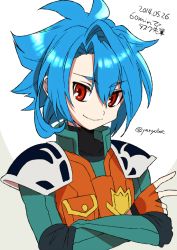 Rule 34 | 10s, 1boy, blue hair, character name, crossed arms, dated, fingerless gloves, future card buddyfight, gloves, looking at viewer, male focus, red eyes, ryuuenji tasuku, simple background, smile, solo, twitter username, upper body, white background, yanyo (ogino atsuki)