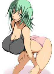 Rule 34 | 1girl, arched back, ass, asymmetrical hair, bad id, bad pixiv id, breasts, cleavage, crop top, gengoroh, green eyes, green hair, hands on own knees, huge breasts, kubera, leaning forward, looking at viewer, matching hair/eyes, midriff, open mouth, panties, side ponytail, sleeveless, smile, solo, tank top, underwear