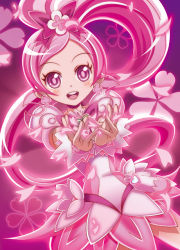 Rule 34 | 10s, 1girl, bow, brooch, cure blossom, eyelashes, hanasaki tsubomi, heart, heart brooch, heartcatch precure!, hokuyuu, jewelry, long hair, magical girl, pink background, pink eyes, pink hair, pink theme, ponytail, precure, solo, very long hair