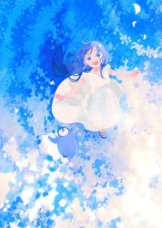 Rule 34 | 1girl, bird, blue eyes, blue hair, blue theme, closed mouth, dress, flower, highres, long hair, looking at viewer, open mouth, penguin, petals, sandals, signature, smile, tabisumika, white dress