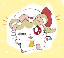 Rule 34 | :3, animalization, bow, crystal, flandre scarlet, fua yuu, hamster, hamtaro (series), hat, hat ribbon, one eye closed, red bow, red eyes, ribbon, side ponytail, solo, touhou, white hat, wings, yellow background, yellow neckwear