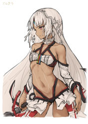 Rule 34 | 10s, 1girl, altera (fate), bandeau, breasts, contrapposto, cowboy shot, dark-skinned female, dark skin, fate/extella, fate/extra, fate/grand order, fate (series), grey hair, haoni, holding, holding sword, holding weapon, long hair, looking to the side, navel, photon ray (fate), red eyes, simple background, sketch, small breasts, solo, standing, stomach, sword, thighs, weapon, white background