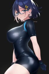 Rule 34 | 1girl, absurdres, black background, black gloves, black leotard, blue archive, blue hair, breasts, chihiro (blue archive), futsukayoi, glasses, gloves, grey eyes, hair ornament, hairpin, highres, large breasts, leotard, semi-rimless eyewear, short hair, simple background, thighs