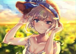 Rule 34 | 1girl, blue bow, blue eyes, blue hair, blue ribbon, bow, breasts, cleavage, close-up, cloud, commentary request, ear piercing, earrings, focused, hands on headwear, hat, hat bow, hat ribbon, highres, horizon, jewelry, looking at viewer, original, otomore (shashaki), outdoors, petals, piercing, ribbon, shashaki, shirt, sleeveless, solo, straw hat, sun hat, sunset, tank top, white shirt, wind