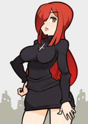 Rule 34 | 1girl, breasts, cross, cross necklace, hair over one eye, jewelry, large breasts, long hair, necklace, parasoul (skullgirls), red hair, skullgirls, solo, splashbrush, yellow eyes