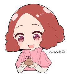 Rule 34 | 10s, 1girl, :d, blush, brown eyes, brown hair, commentary request, do m kaeru, okumura haru, open mouth, persona, persona 5, pink sweater, ribbed sweater, short hair, smile, sweater, twitter username