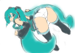 Rule 34 | 1girl, ass, bent over, hatsune miku, long hair, panties, pantyshot, simple background, sketch, skirt, solo, thighhighs, toudori, twintails, underwear, unfinished, very long hair, vocaloid