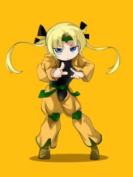 Rule 34 | 1girl, :o, belt, black bodysuit, black ribbon, blonde hair, blue eyes, bodysuit, commentary request, cosplay, crotch cutout, dio brando, dio brando (cosplay), floating hair, full body, fusuma (suwaru boom), glaring, green belt, hair ribbon, heart headband, heart kneepads, highres, index fingers raised, jacket, jojo no kimyou na bouken, kill me baby, knee pads, long hair, long sleeves, open clothes, open jacket, pants, parted bangs, parted lips, pointing, pointing at viewer, pointy footwear, puffy pants, ribbon, solo, sonya (kill me baby), standing, stardust crusaders, twintails, v-shaped eyebrows, yellow background, yellow footwear, yellow jacket, yellow pants