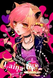 Rule 34 | 1girl, 2girls, animal ears, bad id, bad pixiv id, black background, black bra, black choker, black gloves, black jacket, blonde hair, bra, breasts, cake, chibi, choker, collar, dated, fangs, fingerless gloves, fingernails, food, fork, gloves, happy birthday, heart, holding, jacket, laina (show by rock!!), lion ears, long hair, long sleeves, looking at viewer, mamaloni, mini person, minigirl, multicolored hair, multiple girls, nail polish, on shoulder, open clothes, open jacket, open mouth, pink shirt, red hair, red nails, shirt, show by rock!!, signature, simple background, slit pupils, small breasts, spiked collar, spikes, strawberry shortcake, underwear