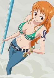 Rule 34 | 1girl, bare arms, bare shoulders, belt, bikini, bikini top only, black eyes, bracelet, breasts, cleavage, closed mouth, denim, female focus, fishman island, from above, full body, groin, hand on own hip, highres, hip focus, holding, jeans, jewelry, large breasts, legs, legs apart, long hair, looking away, midriff, nami (one piece), navel, one piece, orange hair, pants, pirate, polearm, sidelocks, smoke, solo, staff, standing, swimsuit, tattoo, thighs, weapon