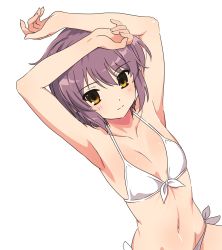 Rule 34 | 1girl, armpits, arms up, bikini, breasts, closed mouth, collarbone, commentary request, dutch angle, groin, highres, hotaru iori, ichimi renge, light blush, looking at viewer, nagato yuki, navel, purple hair, second-party source, simple background, small breasts, smile, solo, suzumiya haruhi no yuuutsu, swimsuit, white background, white bikini, yellow eyes