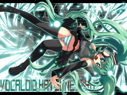 Rule 34 | 1girl, aqua eyes, aqua hair, black thighhighs, detached sleeves, groin, hatsune miku, hidamarinet, highres, long hair, necktie, open mouth, panties, pantyshot, pleated skirt, skirt, solo, striped clothes, striped panties, thighhighs, twintails, underwear, upskirt, very long hair, vocaloid