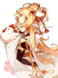 Rule 34 | 1girl, bandeau, bare shoulders, beads, blonde hair, brown thighhighs, closed mouth, cyenmi3, detached sleeves, granblue fantasy, hair beads, hair intakes, hair ornament, highres, holding, holding stuffed toy, kneeling, long hair, looking at viewer, looking to the side, mahira (granblue fantasy), no shoes, orange eyes, pointy ears, side slit, sidelocks, simple background, skirt, smile, solo, stuffed chicken, stuffed toy, thighhighs, twitter username, very long hair, white background, white skirt