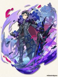 Rule 34 | 2boys, armored boots, black hair, boots, character request, claymore (sword), coat, dragalia lost, full body, fur-trimmed coat, fur-trimmed sleeves, fur trim, gala nedrick, greatsword, green eyes, holding, holding sword, holding weapon, long sleeves, looking to the side, multiple boys, official art, pointy ears, short hair, standing, sword, weapon
