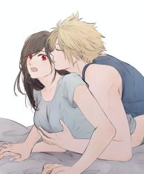 Rule 34 | 1boy, 1girl, blonde hair, blush, breast grab, breasts, brown hair, cloud strife, collarbone, commentary, couple, eyes closed, final fantasy, final fantasy vii, grabbing, grey shirt, hetero, highres, hug, hug from behind, khaw (cloudstdontcare), long hair, looking at viewer, lying, medium breasts, on person, on stomach, open mouth, red eyes, shirt, short hair, tank top, tifa lockhart, upper body