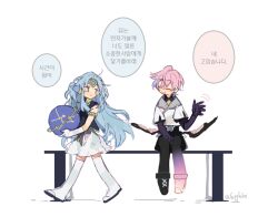 Rule 34 | 1boy, 1girl, bench, black footwear, black gloves, black shorts, blue hair, boots, closed eyes, finnick (forever 7th capital), forever 7th capital, gloves, holding orb, jacket, korean text, long hair, lord of heroes, mu (lord of heroes), open mouth, pantyhose, pink hair, sapphire (nine), short sleeves, shorts, sitting, smile, solo, speech bubble, translation request, two side up, very long hair, white jacket, white pantyhose