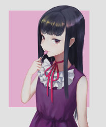 Rule 34 | 10s, 1girl, arm at side, black eyes, black hair, candy, dress, food, grey background, hand up, high score girl, lollipop, long hair, looking at viewer, natsugou shinogi, oono akira, pink background, purple dress, red ribbon, ribbon, simple background, solo, standing, upper body