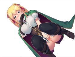 Rule 34 | 1girl, anus, ass, belt, blonde hair, blue eyes, blush, boots, breasts, brooch, brown gloves, cape, clothes lift, fingering, game cg, gloves, green cape, groin, jewelry, kubel no kubikase-byou, large breasts, legs, looking down, original, panties, panties around leg, pussy, pussy juice, skirt, skirt lift, solo, squatting, thighhighs, thighs, transparent background, twintails, uncensored, underwear, wet, yasagure kitsuenjo