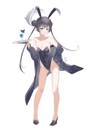 Rule 34 | 1girl, absurdres, alternate costume, animal ears, bare legs, bare shoulders, black footwear, black hair, black jacket, black leotard, blue archive, breasts, cleavage, closed mouth, commentary request, covered navel, cup, double bun, drink, drinking glass, fake animal ears, full body, grey eyes, grey halo, hair bun, halo, highleg, highleg leotard, highres, jacket, kisaki (blue archive), legs, leotard, long hair, looking at viewer, partial commentary, playboy bunny, rabbit ears, shoes, simple background, small breasts, solo, standing, striped clothes, striped jacket, tachibana shiori (suica 112), twintails, vertical-striped clothes, vertical-striped jacket, white background