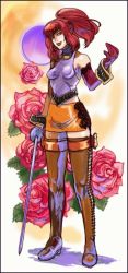 Rule 34 | 1girl, bare shoulders, boots, breasts, closed mouth, flower, full body, gloves, jewelry, karin koenig, lipstick, long hair, looking at viewer, makeup, ponytail, red hair, rose, shadow hearts, shadow hearts ii, skirt, solo, sword, thighhighs, weapon