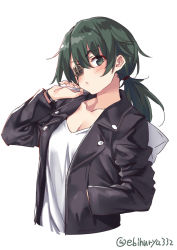 Rule 34 | 1girl, alternate costume, bag, blush, bracelet, breasts, buttons, closed mouth, collarbone, commentary request, ebifurya, eyepatch, green eyes, green hair, hair between eyes, hand in pocket, highres, holding, holding bag, jacket, jewelry, kantai collection, kiso (kancolle), looking at viewer, medium breasts, medium hair, one-hour drawing challenge, shirt, simple background, solo, standing, white background, white shirt