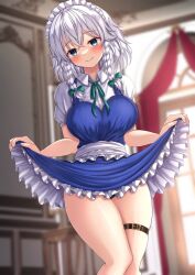Rule 34 | 1girl, blue dress, blue eyes, blurry, blurry background, blush, braid, breasts, closed mouth, clothes lift, collared shirt, commentary, dress, dress lift, feet out of frame, grey hair, highres, indoors, izayoi sakuya, large breasts, lifting own clothes, looking at viewer, maid, maid day, maid headdress, medium hair, panties, reijing etrn, shirt, short sleeves, side braids, smile, solo, thigh strap, touhou, twin braids, underwear, white shirt