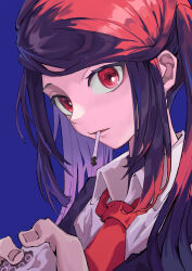 Rule 34 | 1girl, absurdres, black hair, blue background, cigarette, cigarette pack, eyelashes, formal, highres, jill stingray, long hair, mouth hold, necktie, red eyes, red lightning, red necktie, simple background, smoking, solo, suit, tobacco, va-11 hall-a, xiaomai yorik