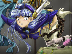 Rule 34 | 1990s (style), 1girl, bdsm, blue hair, blush, bondage, boots, bound, breasts, clenched teeth, dildo, enema, female focus, forced, magic knight rayearth, monster, ryuuzaki umi, scared, sex toy, solo, suspension, teeth, tentacles, thigh boots, thighhighs, vibrator