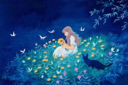 Rule 34 | 1girl, black cat, blue background, brown hair, bug, butterfly, cat, dandelion, dress, flower, heikala, highres, holding, holding flower, insect, night, night sky, on grass, original, outdoors, profile, short sleeves, sitting, sky, thistle, tree, white butterfly, white dress