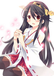 Rule 34 | 10s, 1girl, :d, black hair, blush, brown eyes, detached sleeves, hair ornament, hairband, hairclip, haruna (kancolle), jewelry, kantai collection, long hair, looking at viewer, nontraditional miko, open mouth, petals, pleated skirt, ribbon-trimmed sleeves, ribbon trim, ring, simple background, sitting, skirt, smile, solo, takase kanan, tears, thighhighs, wedding band, white background, wide sleeves, zettai ryouiki