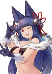 Rule 34 | 1girl, :d, ;d, absurdres, bell, body fur, breasts, cleavage, commentary, double fox shadow puppet, fang, fox shadow puppet, granblue fantasy, hair bell, hair ornament, highres, large breasts, long hair, navel, one eye closed, open mouth, purple hair, red eyes, revealing clothes, simple background, smile, solo, upper body, very long hair, white background, yamabuki7979, yuel (granblue fantasy)