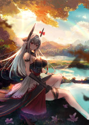 Rule 34 | absurdres, alternate costume, arknights, armlet, bare shoulders, black dress, black gloves, blue sky, bow, bracelet, breasts, closed mouth, day, dress, earrings, elbow gloves, feet out of frame, gloves, grey hair, highres, horn bow, horn ornament, horns, infection monitor (arknights), jewelry, lake, large breasts, layered dress, light rays, long hair, looking at viewer, material growth, mountainous horizon, mudrock (arknights), on floor, oripathy lesion (arknights), outdoors, pointy ears, red bow, red eyes, single glove, sitting, sky, sleeveless, sleeveless dress, sore watasino, sunbeam, sunlight, thigh strap, very long hair, water