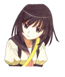 Rule 34 | 1girl, brown eyes, brown hair, brown sailor collar, closed mouth, colored pencil (medium), commentary request, eyebrows hidden by hair, jinjin-roririn, looking at viewer, monogatari (series), neckerchief, puffy short sleeves, puffy sleeves, red neckerchief, sailor collar, sengoku nadeko, short hair, short sleeves, simple background, solo, traditional media, upper body, white background