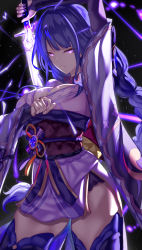 Rule 34 | 1girl, bare shoulders, breasts, bridal gauntlets, cleavage, electricity, flower, genshin impact, highres, japanese clothes, kimono, large breasts, long hair, looking at viewer, mole, mole under eye, obi, purple eyes, purple flower, purple hair, raiden shogun, sash, solo, thighhighs, thighs, uenoryoma