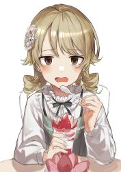 Rule 34 | 1girl, black bow, black bowtie, blonde hair, bow, bowtie, brown eyes, collared shirt, cup, drill hair, food, frilled shirt collar, frills, fruit, green vest, hair ornament, haruyuki (gffewuoutgblubh), holding, holding cup, holding spoon, ice cream, idolmaster, idolmaster cinderella girls, idolmaster cinderella girls starlight stage, light frown, long sleeves, looking at viewer, medium hair, morikubo nono, open mouth, shirt, simple background, sitting, sketch, solo, spoon, straight-on, strawberry, sundae, table, vest, white background, white shirt