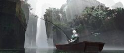Rule 34 | 1girl, absurdres, asteroid ill, boat, building, fishing, fog, halo, highres, original, river, ruins, scenery, solo, watercraft, white hair