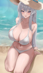 Rule 34 | 1girl, absurdres, barefoot, beach, bikini, blue archive, blush, breasts, cleavage, collarbone, full body, grey hair, hat, highres, k 0art, large breasts, long hair, navel, noa (blue archive), open mouth, purple eyes, sand, seiza, side-tie bikini bottom, sitting, smile, stomach, straw hat, swimsuit, thighs, very long hair, water, white bikini