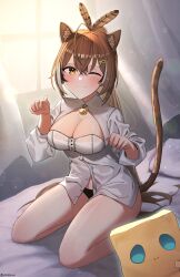 Rule 34 | 1girl, ahoge, animal ears, bare legs, bed, bed sheet, bell, black panties, brown eyes, brown hair, cat ears, cat girl, cat tail, cleavage cutout, clothing cutout, curtains, feather hair ornament, feathers, friend (nanashi mumei), hair ornament, hairclip, highres, hololive, hololive english, kotodekun, lens flare, long hair, looking at viewer, multicolored hair, nanashi mumei, one eye closed, panties, paw pose, pillow, ponytail, seiza, shirt, sitting, smile, streaked hair, tail, underwear, very long hair, virtual youtuber, white shirt