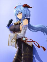 Rule 34 | 1girl, absurdres, ahoge, bare shoulders, bell, black gloves, black leotard, black pantyhose, blue background, blue hair, blush, bodystocking, bodysuit, breasts, chinese knot, clothes lift, covered navel, detached sleeves, embarrassed, flower knot, gamma (muop9093), ganyu (genshin impact), genshin impact, gloves, gold trim, groin, highres, horns, leotard, leotard under clothes, lifting own clothes, long hair, looking at viewer, medium breasts, neck bell, pantyhose, pelvic curtain, pelvic curtain lift, purple eyes, sideboob, sidelocks, solo, standing, tassel, thighlet, thighs, vision (genshin impact), white sleeves
