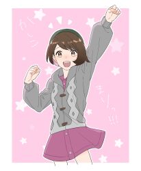 Rule 34 | 1girl, :d, arm up, bob cut, border, brown eyes, brown hair, buttons, cable knit, cardigan, clenched hands, collared dress, commentary request, creatures (company), dress, game freak, gloria (pokemon), green hat, grey cardigan, harb genzai, hat, highres, hooded cardigan, nintendo, open mouth, outline, pokemon, pokemon swsh, purple dress, short hair, smile, solo, star (symbol), tam o&#039; shanter, teeth, upper teeth only, white border