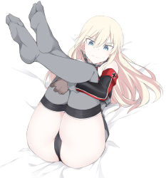 Rule 34 | 1girl, ass, bare shoulders, bismarck (kancolle), black panties, blonde hair, blue eyes, blush, breasts, cameltoe, commentary request, cross, detached sleeves, grey thighhighs, iron cross, kantai collection, legs up, long hair, looking at viewer, lying, no shoes, on back, panties, shigino sohuzi, simple background, smile, solo, thighhighs, underwear, uniform, white background