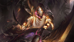 Rule 34 | 1boy, 1other, absurdres, black gloves, black pants, black shirt, fingerless gloves, gloves, gun, hand up, highres, holding, holding gun, holding weapon, jhin, league of legends, looking at viewer, male focus, mask, pants, red eyes, shirt, shoulder plates, solo focus, weapon, wutu (1183238220)