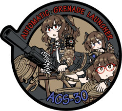 Rule 34 | 3girls, :&gt;, :&lt;, ags-30, ags-30 (girls&#039; frontline), ammunition belt, automatic grenade launcher, belt-fed, blue eyes, brown eyes, brown hair, brown jacket, camouflage, camouflage jacket, character name, crew-served weapon, drum magazine, dutchko, english text, girls&#039; frontline, glasses, grenade launcher, jacket, long sleeves, magazine (weapon), medium hair, miniskirt, multiple girls, red eyes, skirt, twintails, weapon, weapon name