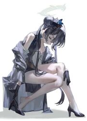 Rule 34 | 1girl, bare legs, barefoot, black hair, blue archive, breasts, butterfly hair ornament, chair, china dress, chinese clothes, closed mouth, commentary, dress, feet, female focus, full body, globe, hair ornament, halo, high heels, highres, kisaki (blue archive), legs, long hair, quasarcake, ribbon, simple background, small breasts, solo, thighs, toe cleavage, toes, twintails, white background
