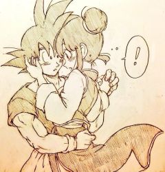 Rule 34 | !, 1boy, 1girl, black eyes, black hair, chi-chi (dragon ball), chinese clothes, couple, dragon ball, dragonball z, eye contact, hand on another&#039;s face, holding hands, looking at another, monochrome, open mouth, short hair, simple background, son goku, speech bubble, spiked hair, tears, tkgsize, wristband