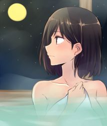 Rule 34 | 10s, 1girl, arm at side, bad id, bad pixiv id, bath, bathing, black hair, blush, breasts, closed mouth, collarbone, covering privates, expressionless, female focus, full moon, hand up, kantai collection, kirishima (kancolle), large breasts, looking back, moon, neck, night, night sky, no eyewear, no hairband, no headgear, nude, nude cover, onsen, red eyes, short hair, sky, solo, star (sky), starry sky, steam, submerged, towel, upper body, water, white towel, yamashiro (kancolle), yukichi (eikichi)