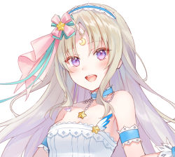 Rule 34 | 1girl, blonde hair, blush, civia, collarbone, dress, fukahire (ruinon), hair ornament, headband, hololive, hololive china, horns, long hair, looking at viewer, official art, open mouth, purple eyes, simple background, single horn, sleeveless, smile, solo, virtual youtuber, white background