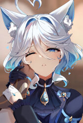 Rule 34 | 1boy, 1girl, aether (genshin impact), ahoge, animal ear fluff, animal ears, asymmetrical gloves, bimmy, black gloves, blue eyes, blue hair, blurry, blurry background, brown background, brown gloves, cat ears, cat girl, commentary, furina (genshin impact), genshin impact, gloves, hair between eyes, highres, kemonomimi mode, looking at viewer, mismatched gloves, multicolored hair, one eye closed, pov, two-tone hair, upper body, white gloves, white hair