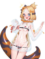 Rule 34 | @ @, abigail williams (fate), absurdres, bandaid, bandaid on face, bandaid on forehead, black bow, black panties, blonde hair, blue eyes, blush, bow, breasts, crossed bandaids, fate/grand order, fate (series), forehead, groin, hair bow, hair bun, high collar, highres, jacket, kyudong., long hair, long sleeves, multiple hair bows, open mouth, orange bow, panties, parted bangs, petite, polka dot, polka dot bow, see-through, see-through jacket, see-through sleeves, simple background, small breasts, tearing up, underwear, white background